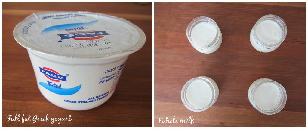 Instant Pot Yogurt Ingredients - Fage yogurt and whole milk in 4 jars - Paint the Kitchen Red
