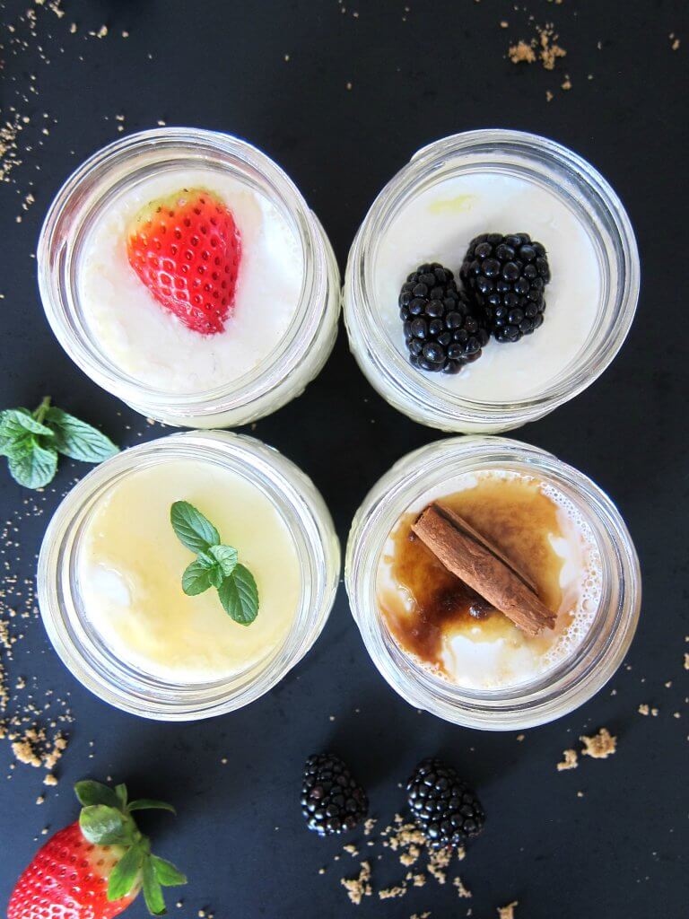 Instant Pot Yogurt in jars - individual mason jars of yogurt: strawberry, honey mint, cinnamon brown sugar, blackberries