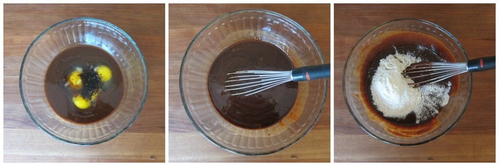 Instant Pot chocolate lava cake Instructions collage - unmixed batter with eggs and coffee, mixed batter with whisk, flour added to bowl