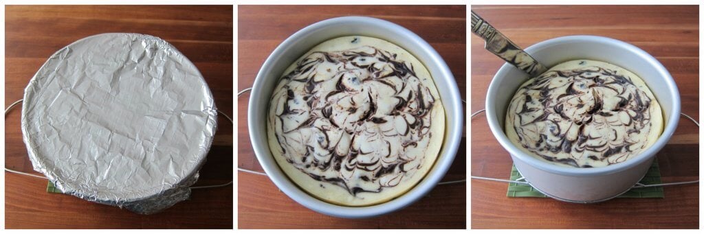 Instant Pot Oreo Cheesecake Instructions collage - foil wrapped pan, cooked cheesecake, butter knife running through edge - Paint the Kitchen Red