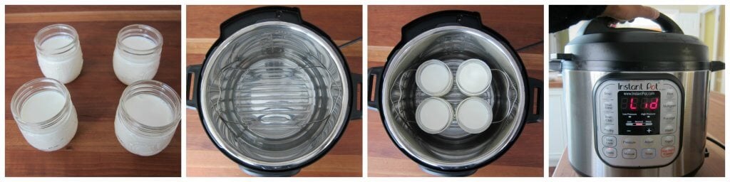 Instant Pot Yogurt Instructions - four jars with milk, trivet and water in inner pot, jars on trivet, lid being closed - Paint the Kitchen Red