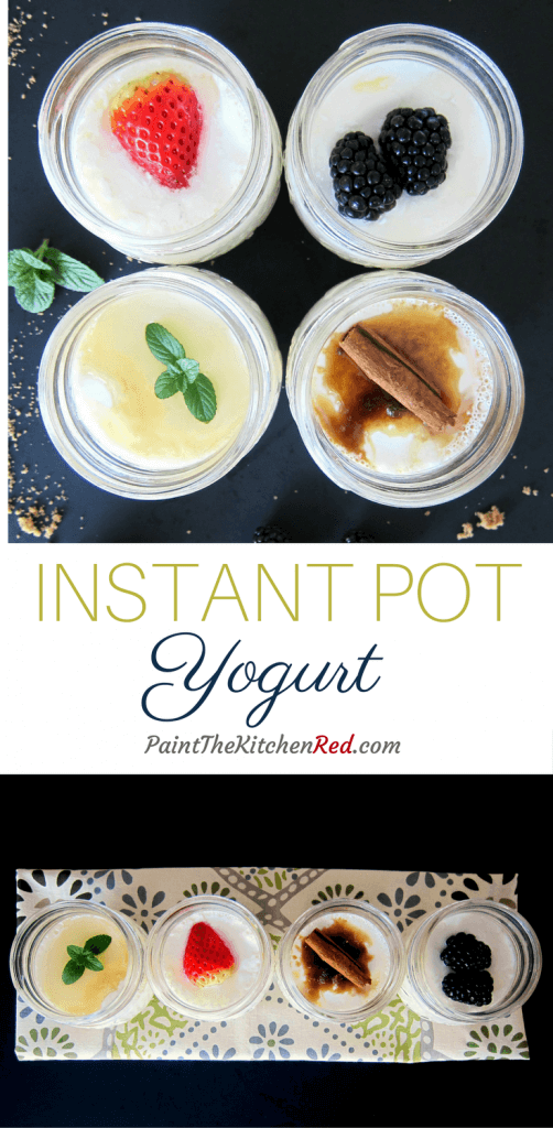 Instant Pot Yogurt Pinterest pin with 4 individual mason jars of yogurt: strawberry, honey mint, cinnamon brown sugar, blackberries - Paint the Kitchen Red