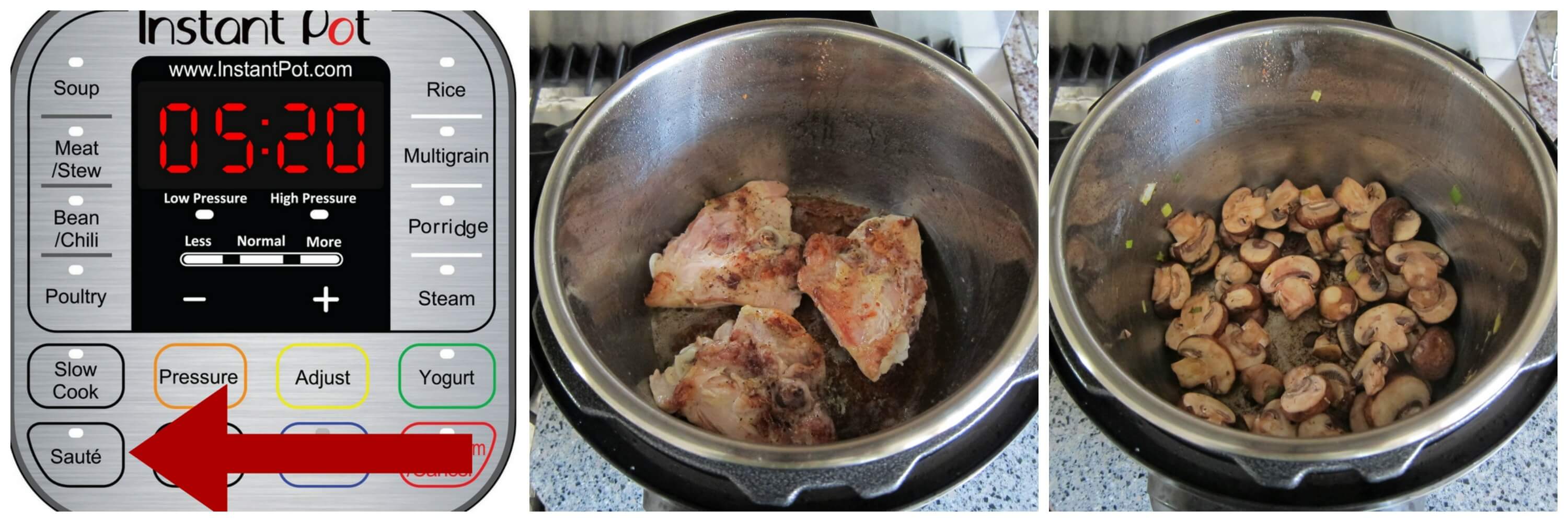 Instant Pot Coq au Vin Blanc Instructions - press saute, saute chicken, saute mushrooms