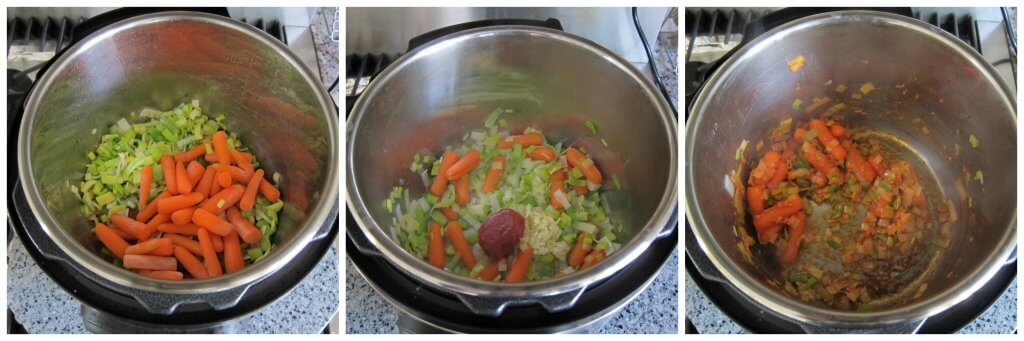 Instant Pot Coq au Vin Blanc Instructions collage - leeks and carrots, tomato paste, sauteed and stirred - Paint the Kitchen Red