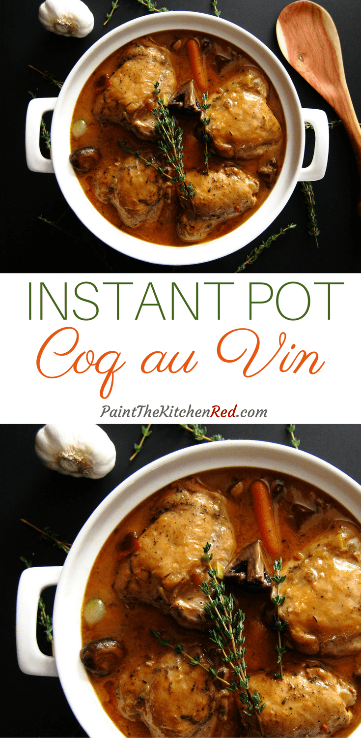 This Hearty Instant Pot Coq Au Vin Blanc is a classic comfort food. A twist on the traditional Coq au Vin (which is made with red Burgundy wine), this dish is made with dry white wine and pairs so well with heavenly Instant Pot mashed potatoes and parsnips. #instantpot #pressurecooker #chicken #french #coqauvin #whitewine