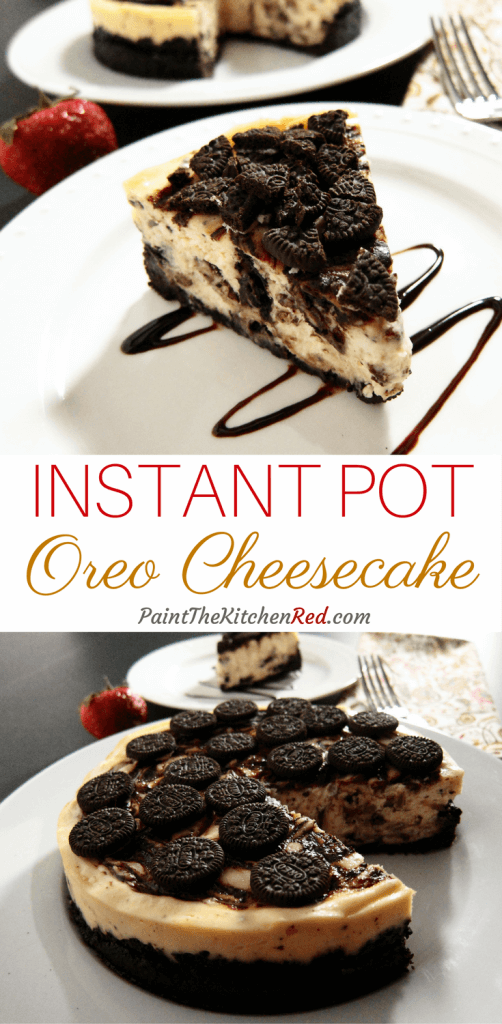 This Chocolate Swirl Instant Pot Oreo Cheesecake has a triple dose of chocolate: a generous Oreo crust, Oreo cookies in the batter and melted chocolate swirled in. It’s super easy to prepare, and hard to mess up in the Instant Pot! from Paint the Kitchen Red
