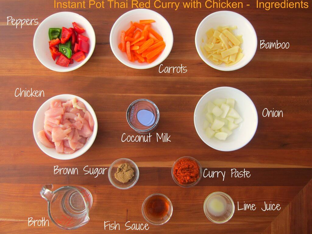 Instant Pot Thai Red Curry Chicken Ingredients - peppers, carrots, bamboo shoots, chicken, coconut milk, onion, brown sugar, curry paste, broth, fish sauce, lime juice