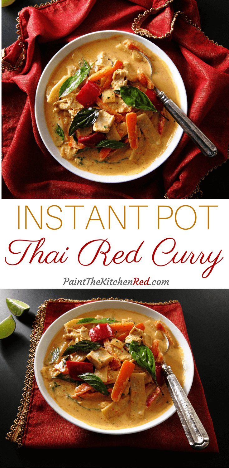 This Instant Pot Thai Red Curry with Chicken is just delightful! It makes a perfect meal when paired with Jasmine Rice, and it comes together so quickly in the Instant Pot. To make it a real one-pot meal, cook rice and Thai red curry together using the Pot in Pot method (which is detailed on the blog)! Perfect for a busy weeknight meal. #instantpot #thaifood #thai #chickencurry