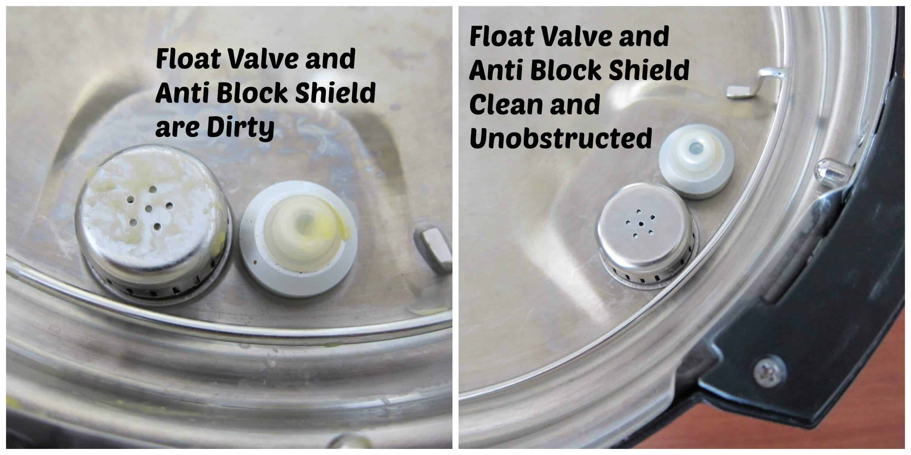 Collage showing Anti block shield and float valve on the inside of the lid with food particles