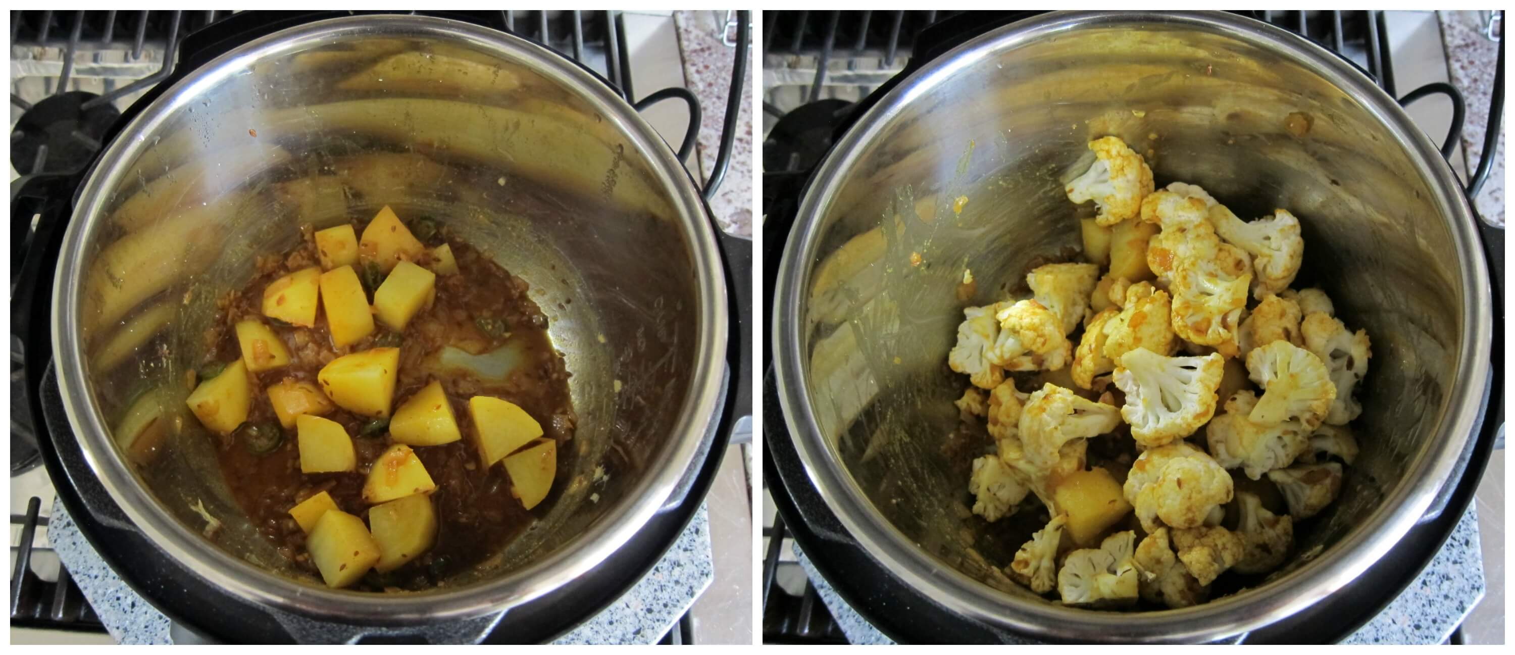 Instant Pot Aloo gobi- cooked potaotes, cauliflower on top