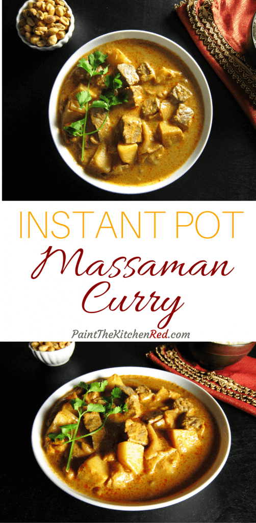 Instant Pot Beef Massaman Curry with beef and potatoes in a white bowl topped with a cilantro sprig pinterest pin