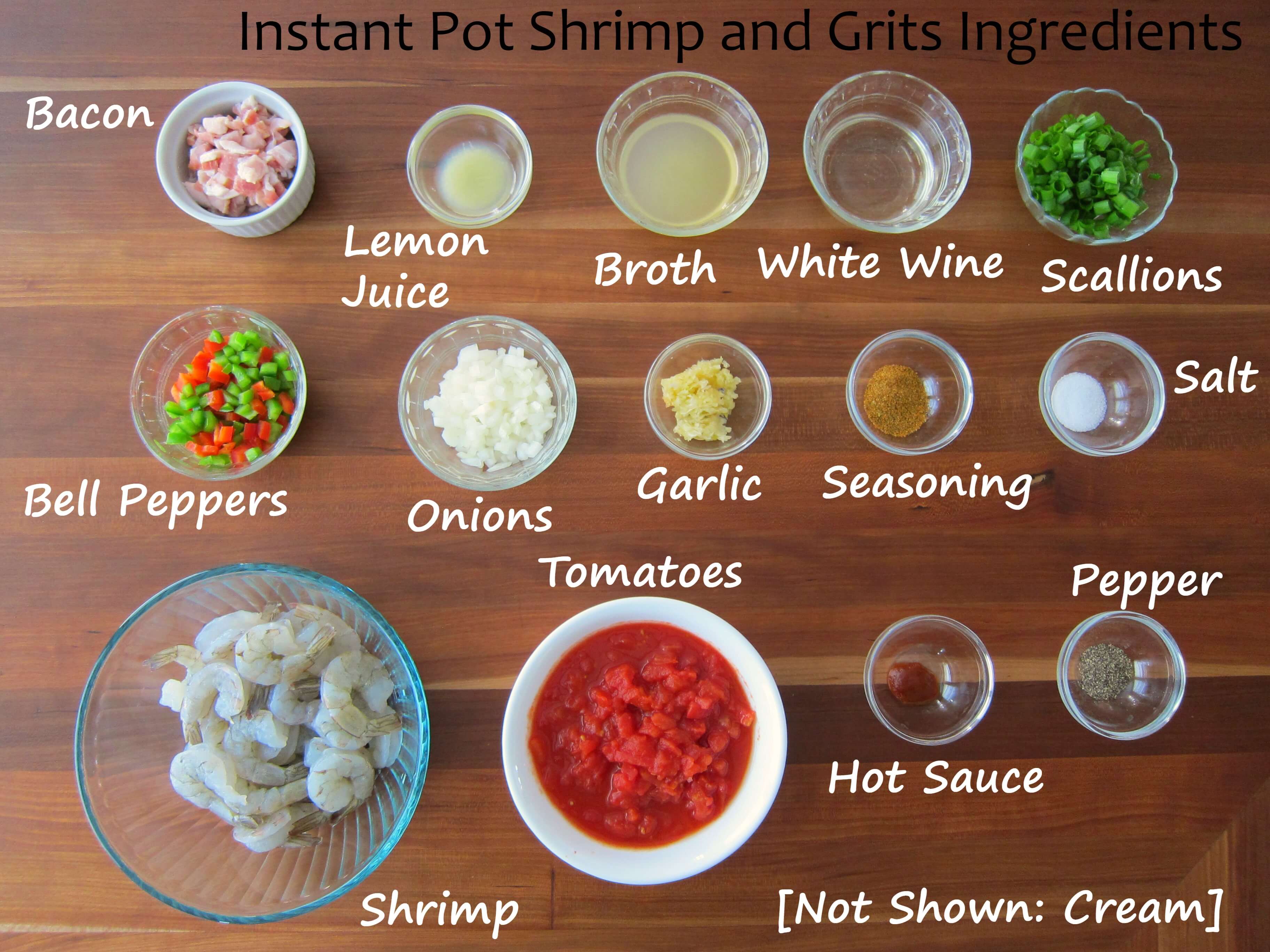 Instant Pot Easy Shrimp and Grits Ingredients - bacon, lemon juice, broth, wine, scallion, bell pepper, onion,,garlic, seasoning, salt, shrimp, tomatoes, hot sauce, pepper