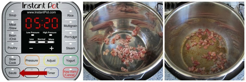 Instant Pot Shrimp and Grits Instructions collage - arrow pointing to saute, bacon in inner pot, cooked bacon - Paint the Kitchen Red
