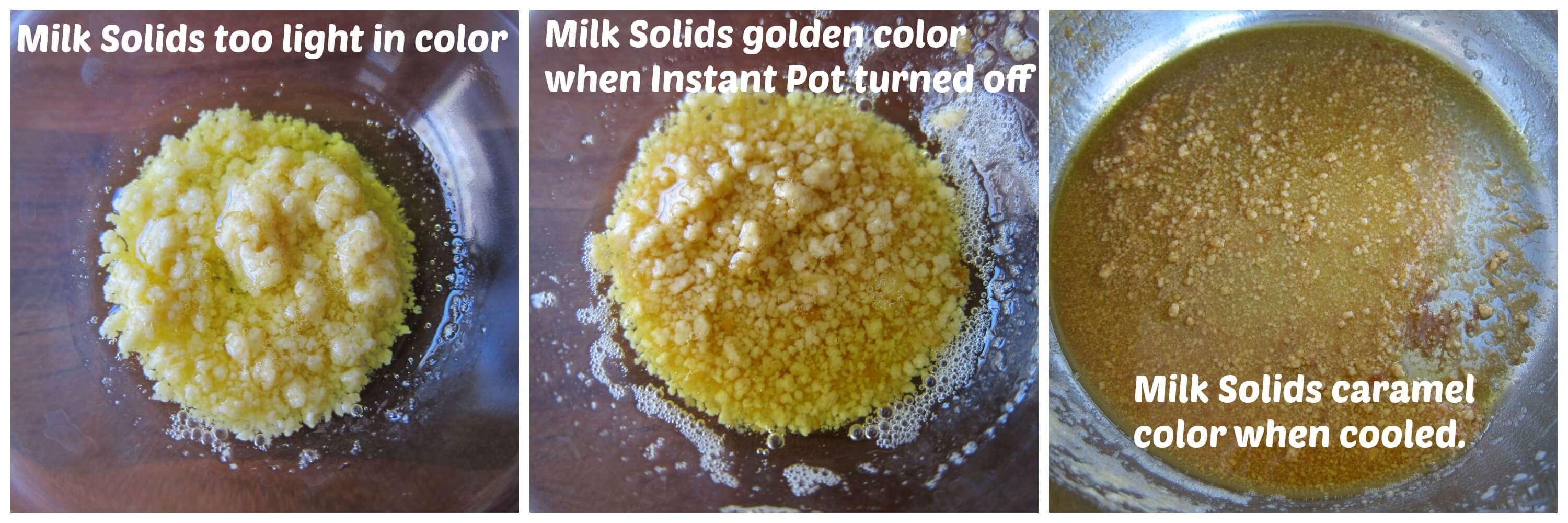 Instant Pot Ghee collage - milk solids too light, milk solids golden, milk solids caramel color
