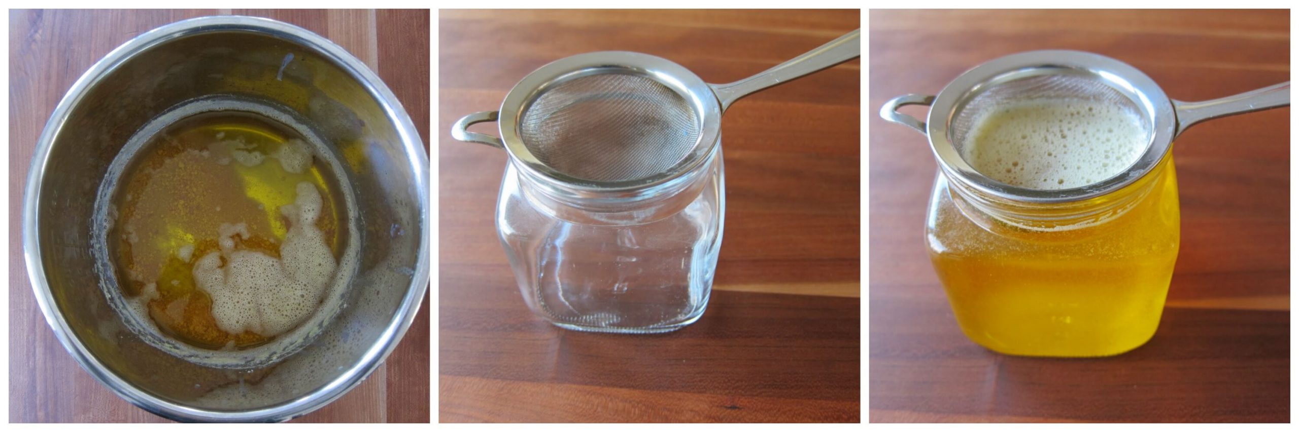 Instant Pot Ghee collage - inner pot on counter ghee cooling, jar with strainer, ghee poured into jar