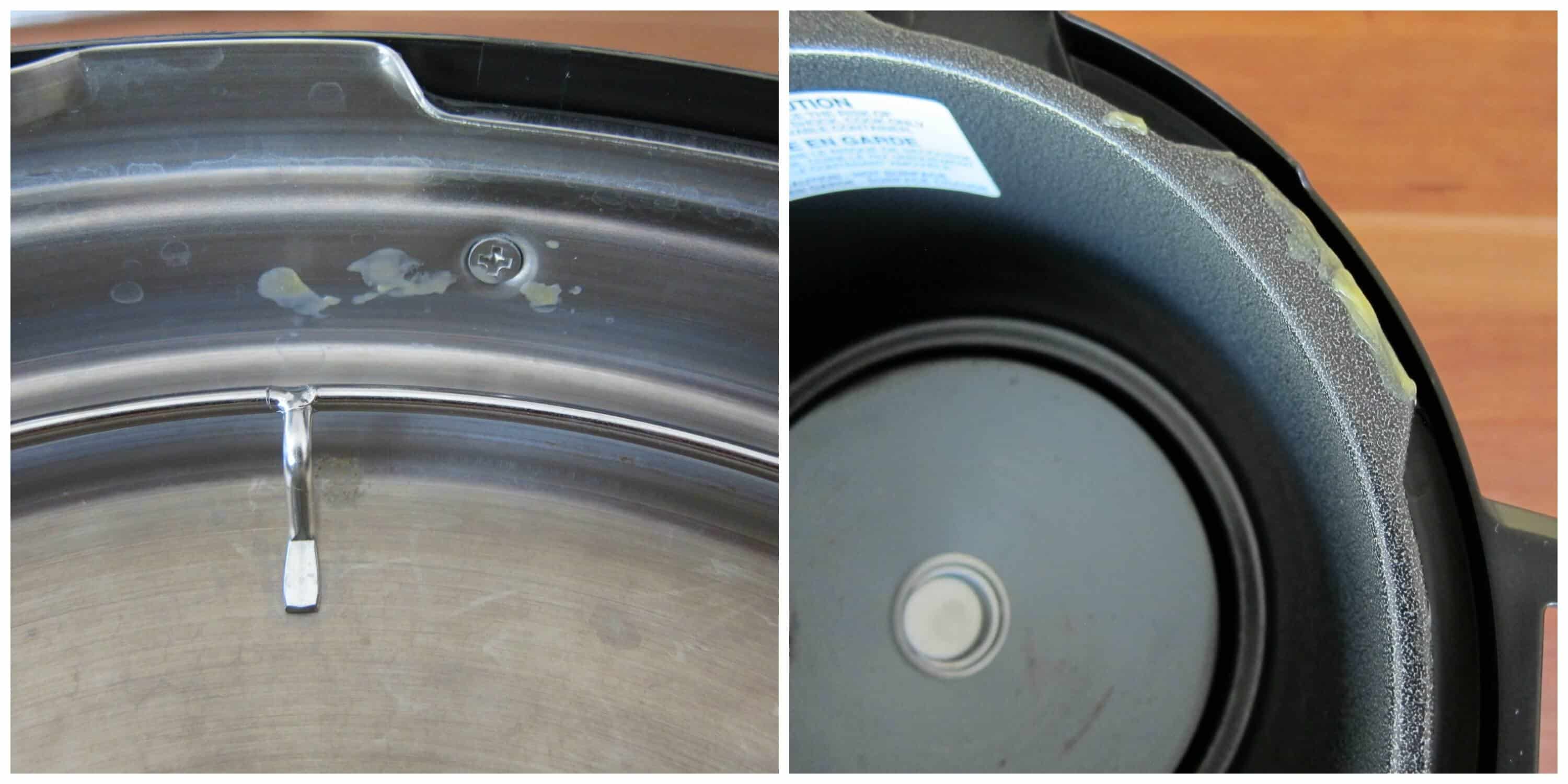 Collage showing food particle on inside of lid and lid area of inner pot base unit