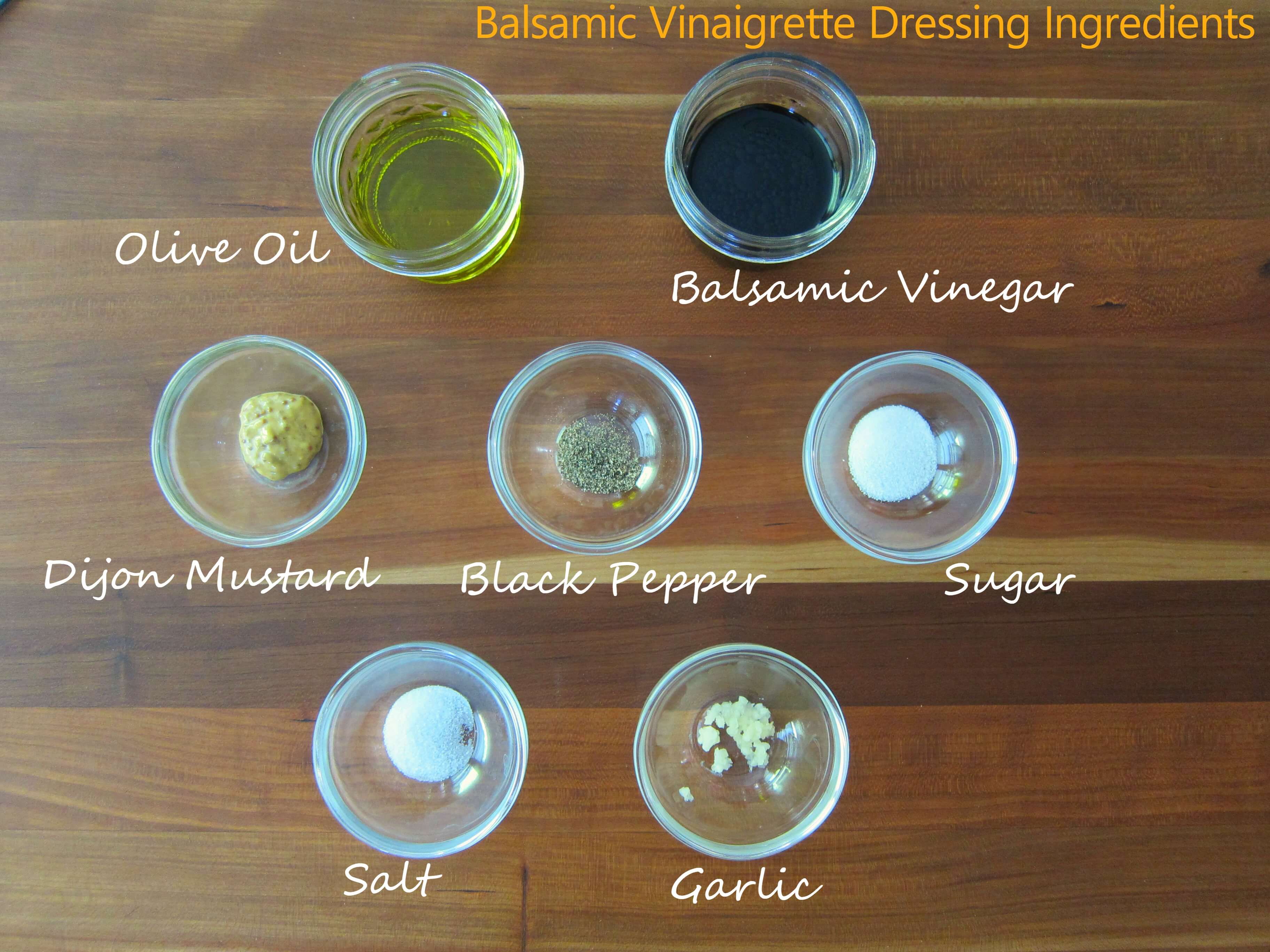 Instant Pot Beet Salad Dressing Ingredients - olive oil, balsamic vinegar, dijon mustard, black pepper, sugar, salt, garlic