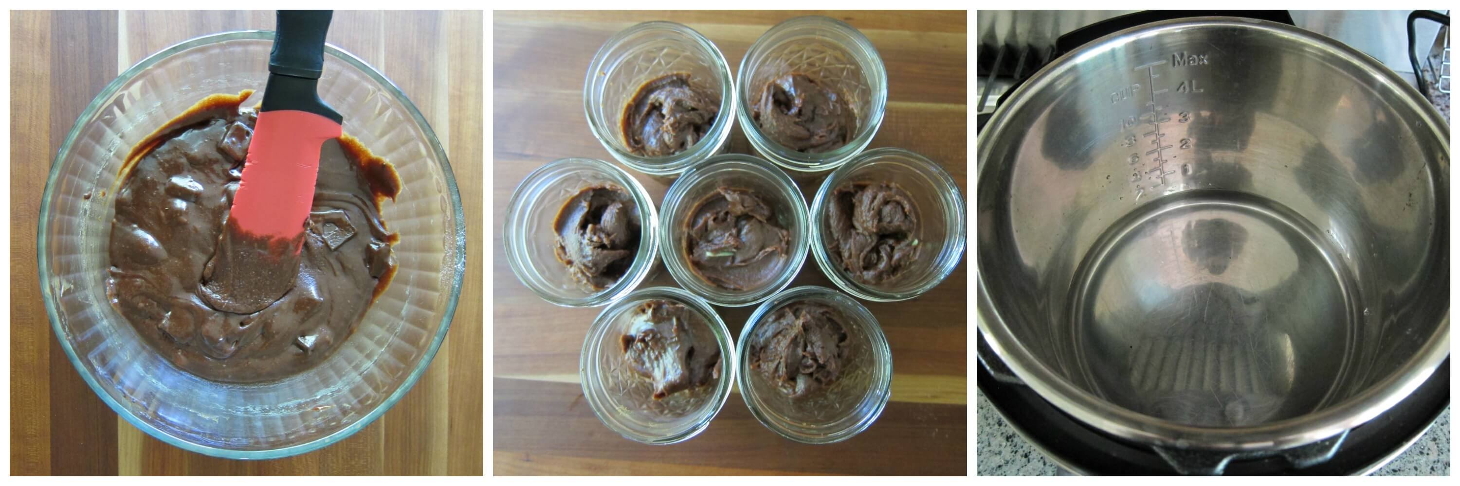 Instant Pot Brownies a la Mode Instruction collage, batter mixed, batter in jars, instant pot with water