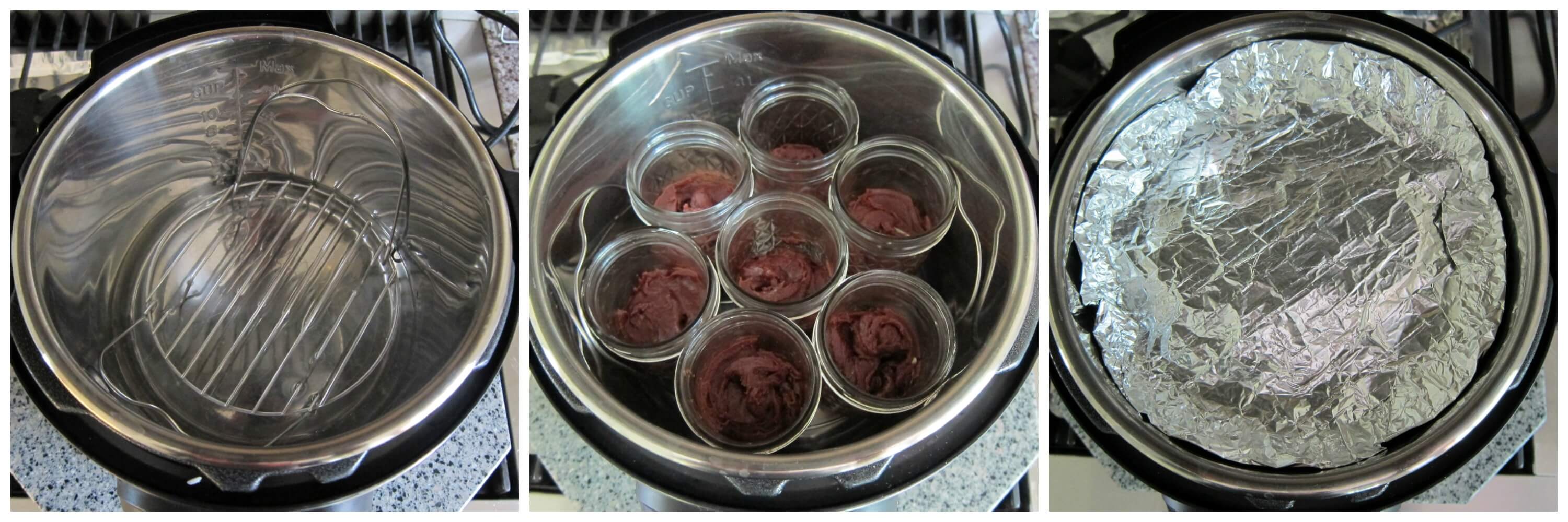 Instant Pot Brownies a la Mode Instruction collage - trivet in instant pot, jars on trivet, foil covering all