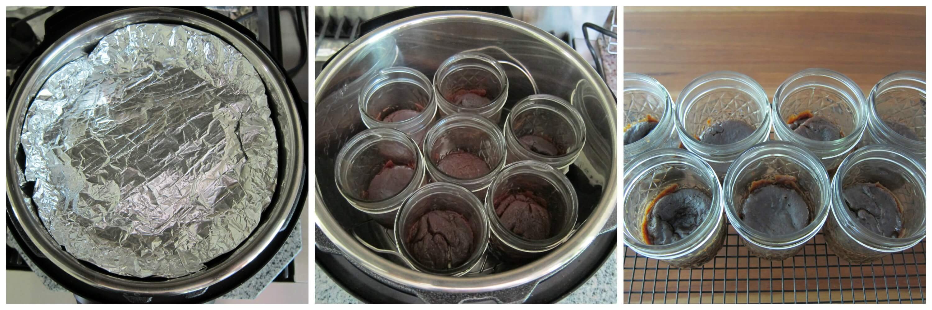 Instant Pot Brownies a la Mode Instructions collage - open instant pot, cooked brownies, jars on cooling rack