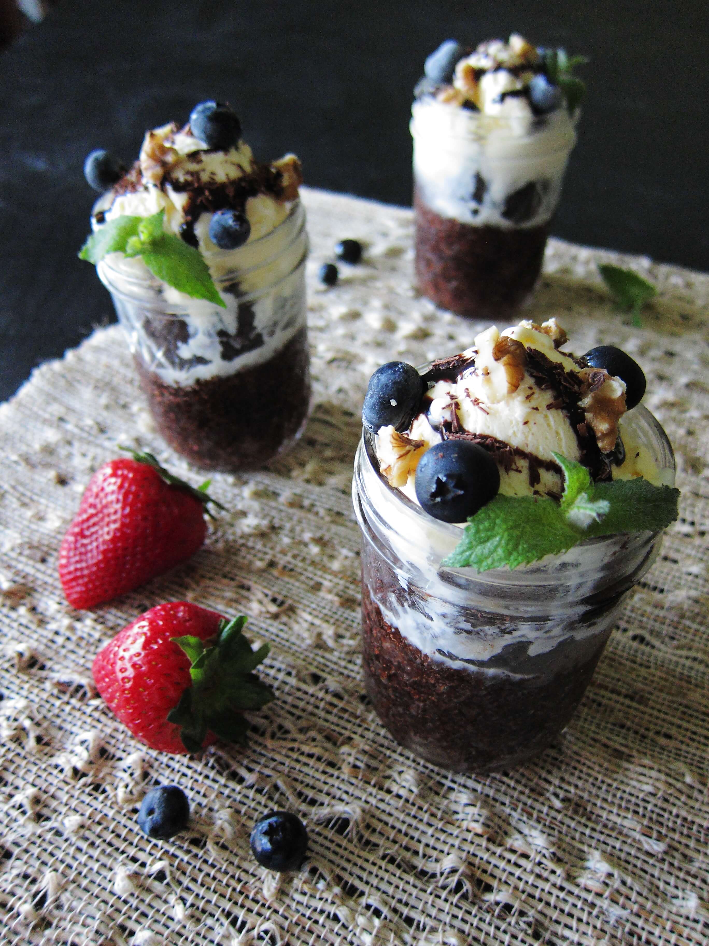 Instant Pot Brownies -3 mason jars of brownie with ice cream topped with blueberries, mint leaf