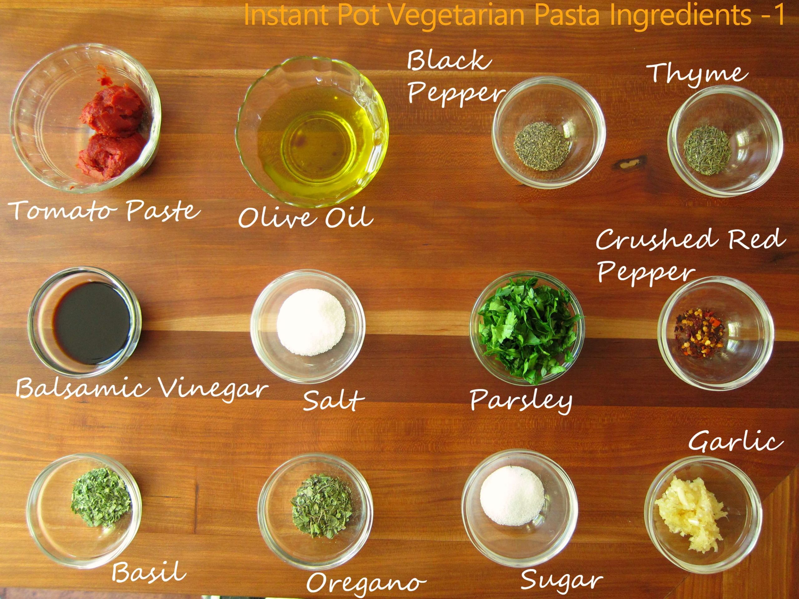 Instant Pot Vegetarian pasta ingredients in individual bowls