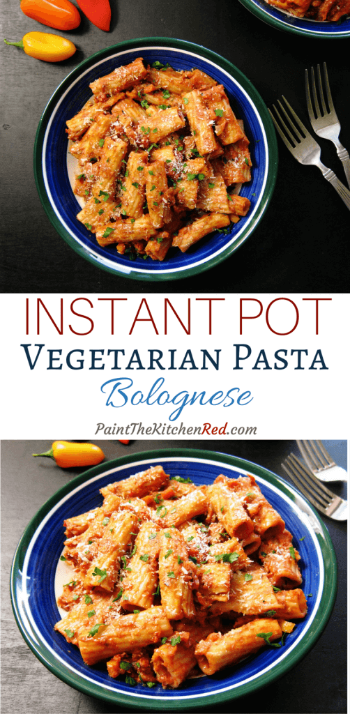 Instant Pot Vegetarian Pasta – Rigatoni Bolognese – is a healthy, filling pasta dish that’s worthy to be in your regular meal rotation, and you won’t miss the meat! Paint the Kitchen Red