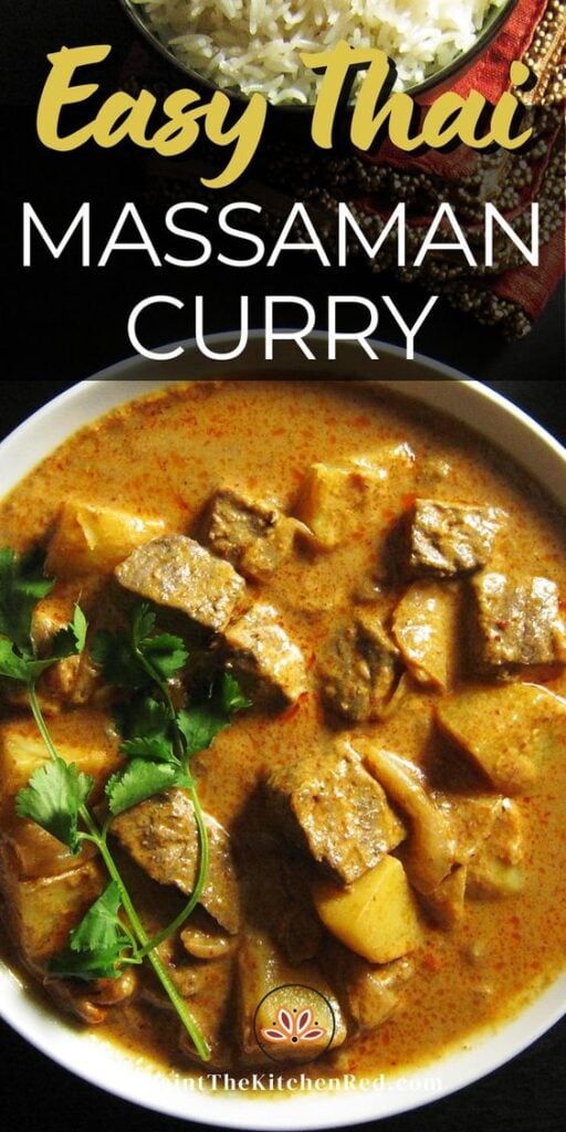 Instant Pot Massaman Curry Pinterest pin with Beef, potatoes, garnished with cilantro in white bowl with peanuts in background with text "easy thai massaman curry".
