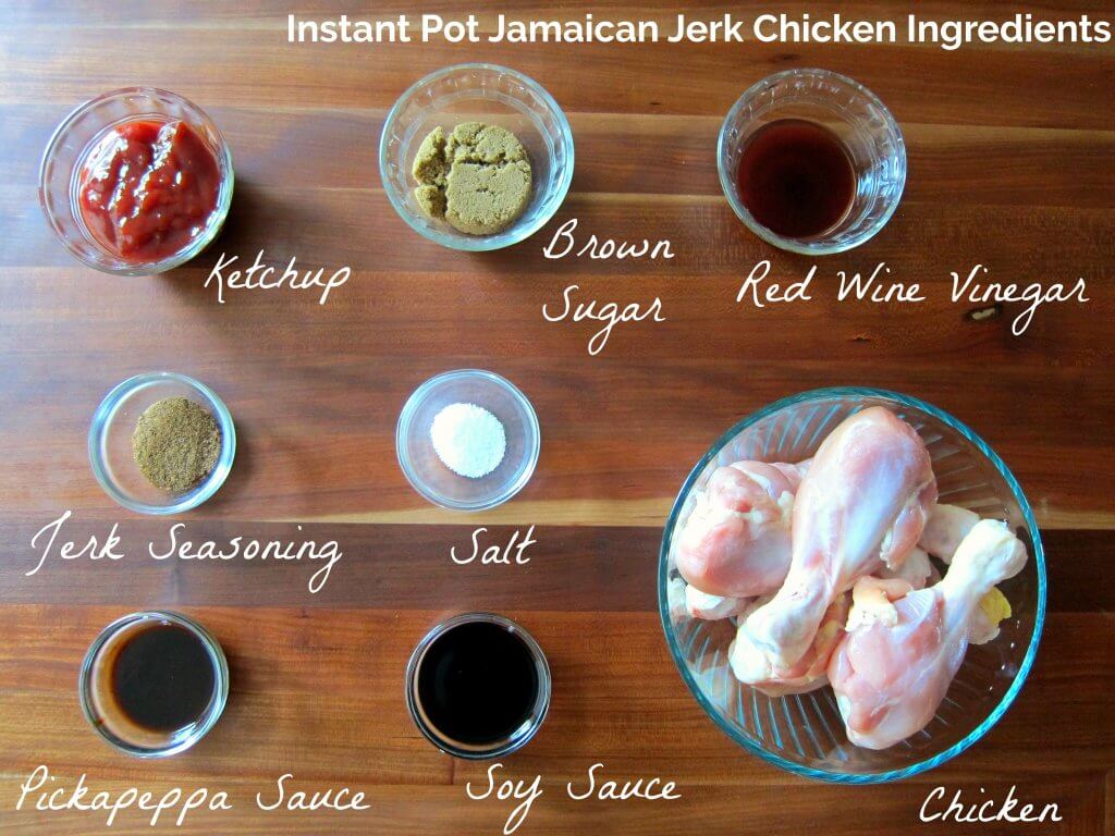 Instant Pot Jamaican Jerk Chicken Ingredients - ketchup, brown sugar, red wine vinegar, jerk seasoning, salt, pickapeppa sauce, soy sauce, chicken drumsticks - Paint the Kitchen Red