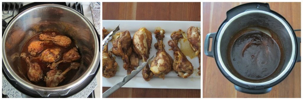 Instant Pot Jamaican Jerk Chicken Instructions collage - cooked chicken, on plate, sauce in inner pot - Paint the Kitchen Red