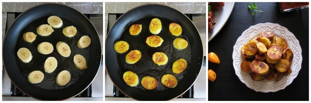 Instant Pot Jamaican Jerk Chicken Plantains collage - raw sliced plantains in frying pan, fried, served on plate - Paint the Kitchen Red