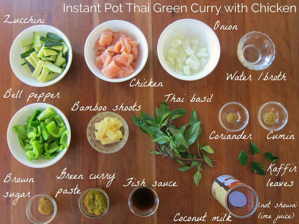 Instant Pot Thai Green Curry Ingredients - zuccchini, chicken, onion, water, bell pepper, bamboo shoots, Thai basil, coriander, cumin, brown sugar, green curry paste, fish sauce, coconut milk, lime leaves, not shown: lime juice - Paint the Kitchen Red