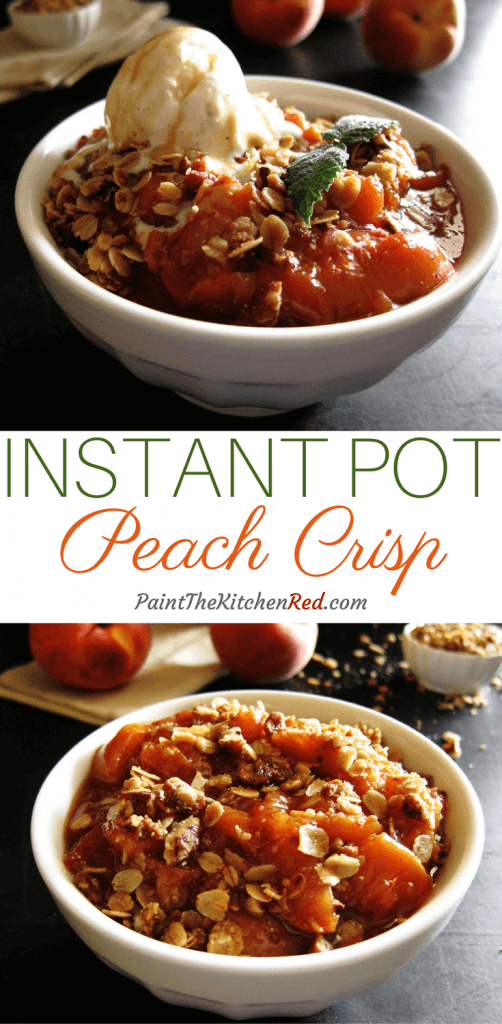 Instant Pot Peach Crisp bowl of peaches with crispy toppng and vanilla ice cream.