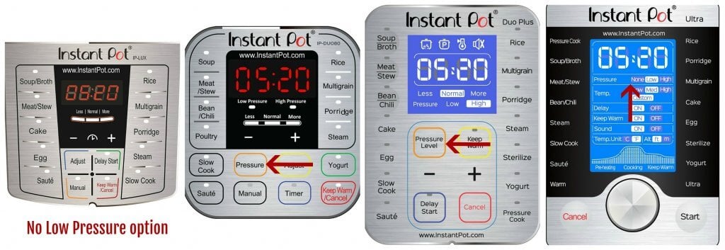 Collage of Instant pot panels low pressure - lux: no low pressure option, duo: arrow pointing to pressure, duo plus: arrow pointing to pressure level, ultra arrow pointing to pressure