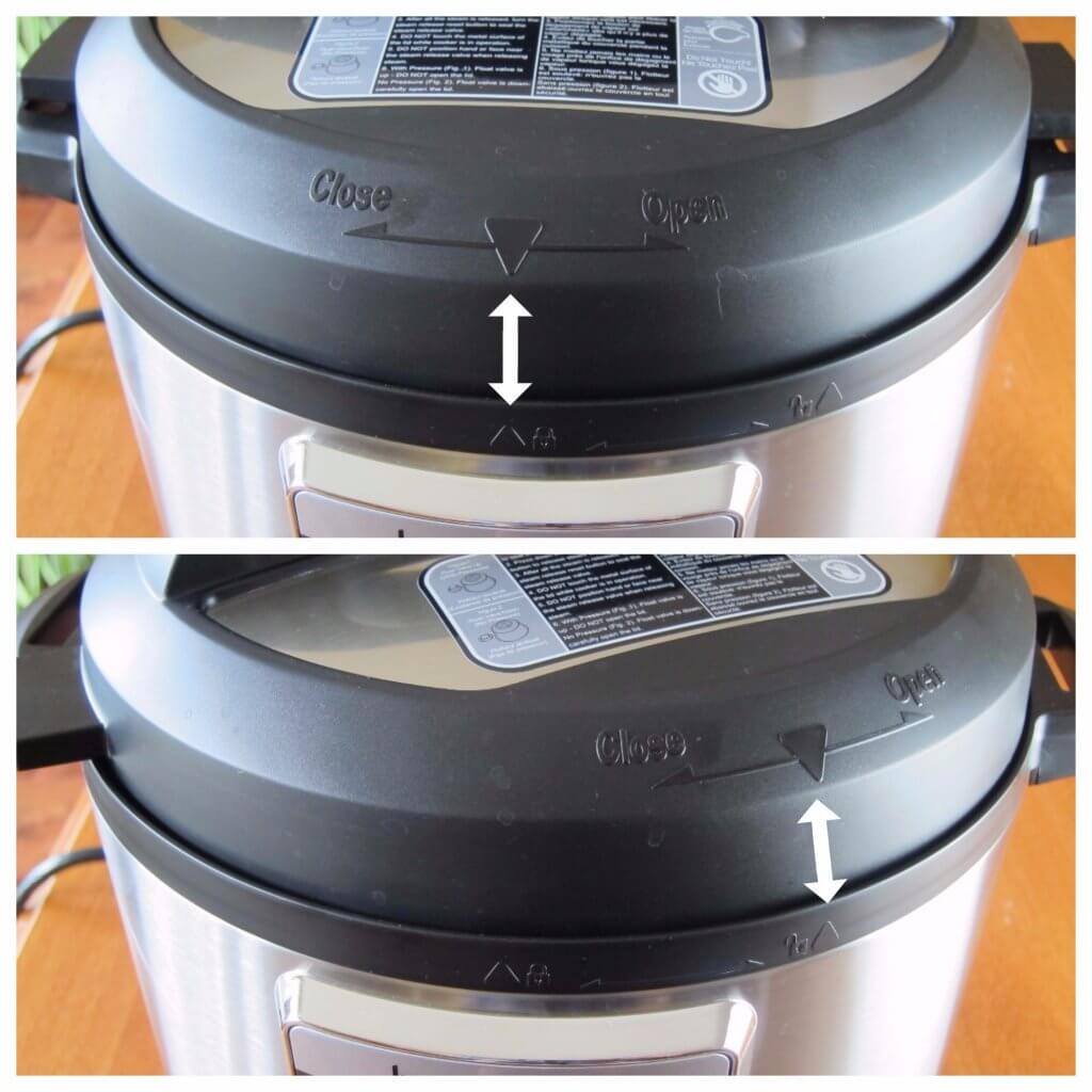 Instant Pot Ultra Open  - arrows pointing to triangles on the lid and base unit