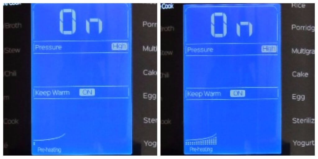 Instant Pot Ultra Preheating Progress collage - display shows On and pre-heating graph is at lowest point, display shows On and pre-heating graph is at highest point