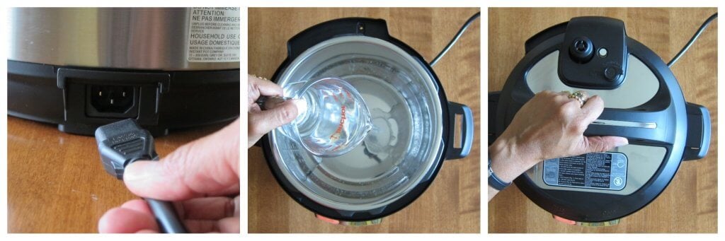 Instant Pot Ultra Water test instructions collage - plug in, add water, close lid