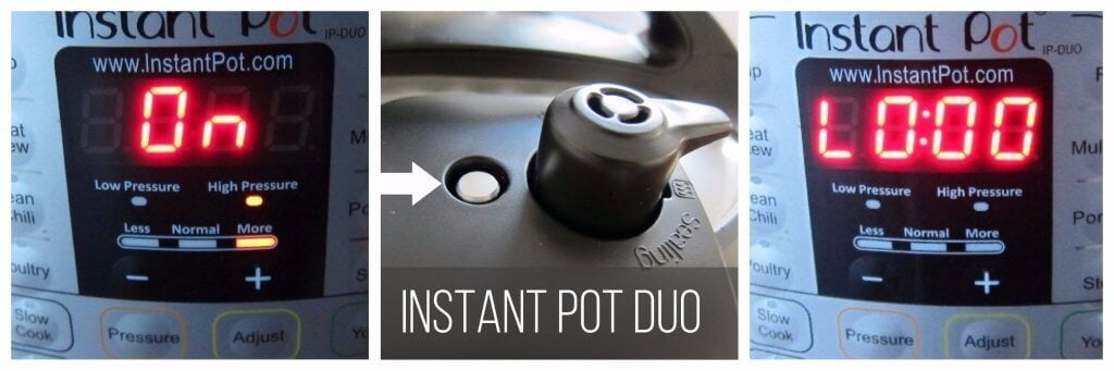 Instant Pot Duo Pressure Cooking collage - display shows on, float valve up, display shows L0:00 - Paint the Kitchen Red