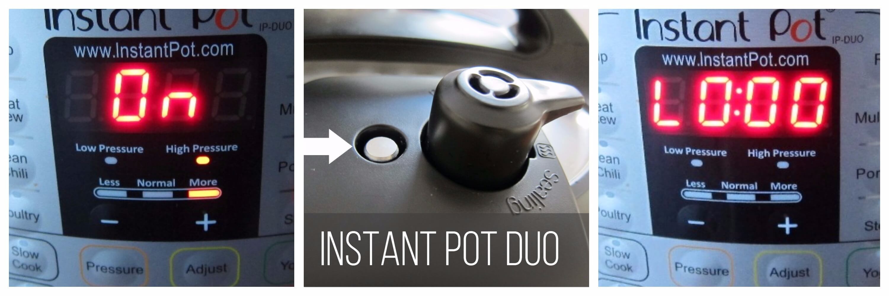 Instant Pot Duo Pressure Cooking collage - display shows On, float valve is down, display shows L0:00 - Paint the Kitchen Red