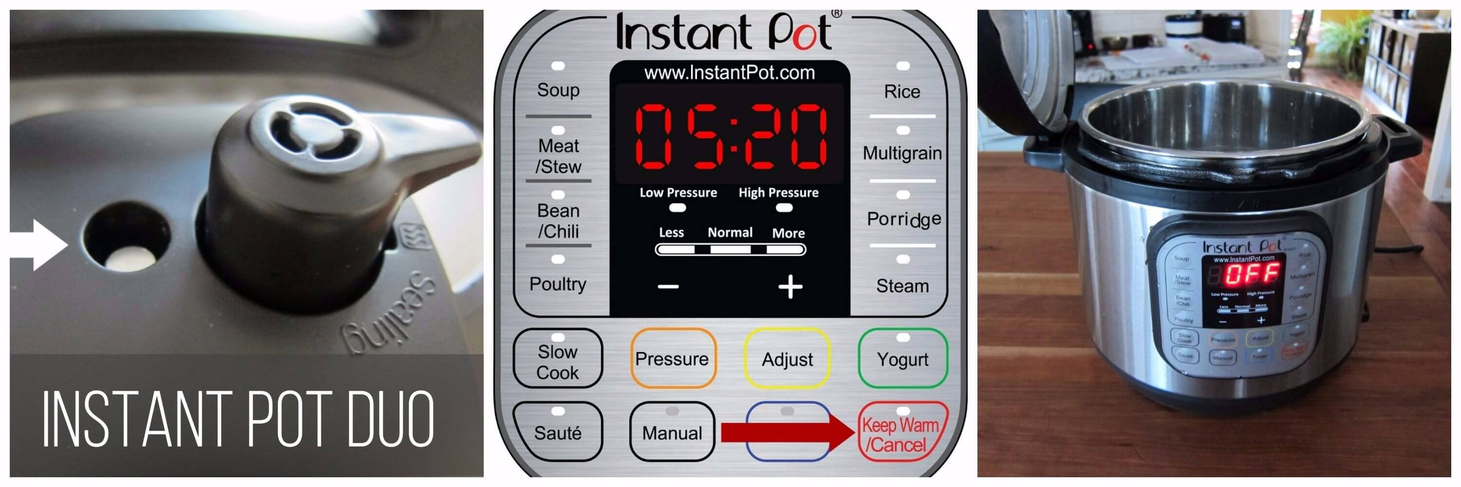 Instant Pot Duo natural release cancel and open collage - float valve is down, arrow pointing to Cancel, lid is open - Paint the Kitchen Red