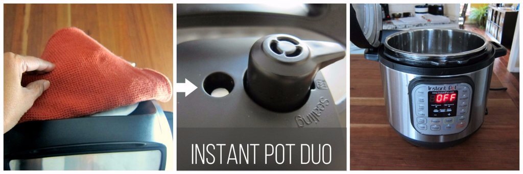 Instant Pot Duo release steam and open collage - move handle to venting, float valve down, instant pot open - Paint the Kitchen Red