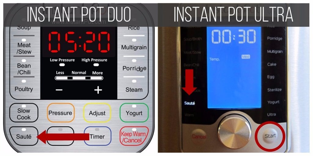 Instant Pot Ultra Duo Saute Function collage - arrows pointing to Saute in Duo and Ultra - Paint the Kitchen Red