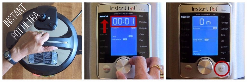 Instant Pot Ultra pressure cook 1 minute collage - close lid, turn knob to pressure cook and 1 minute, display shows on - Paint the Kitchen Red