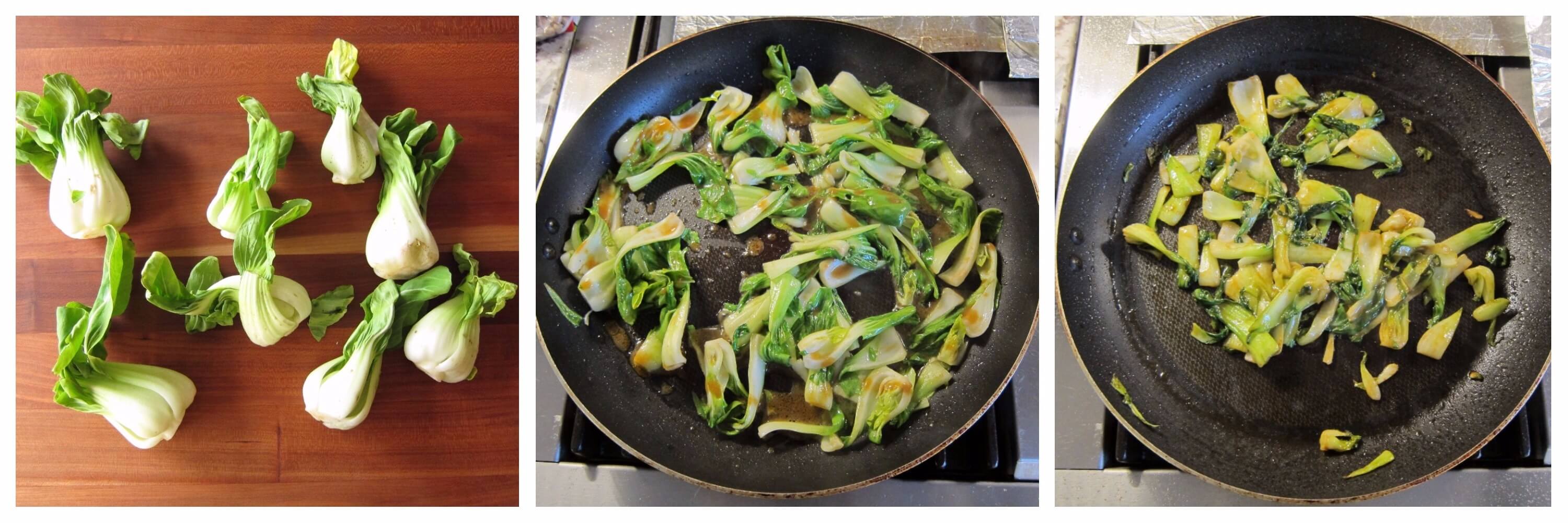 Baby bok choy sauteed in a frying pan