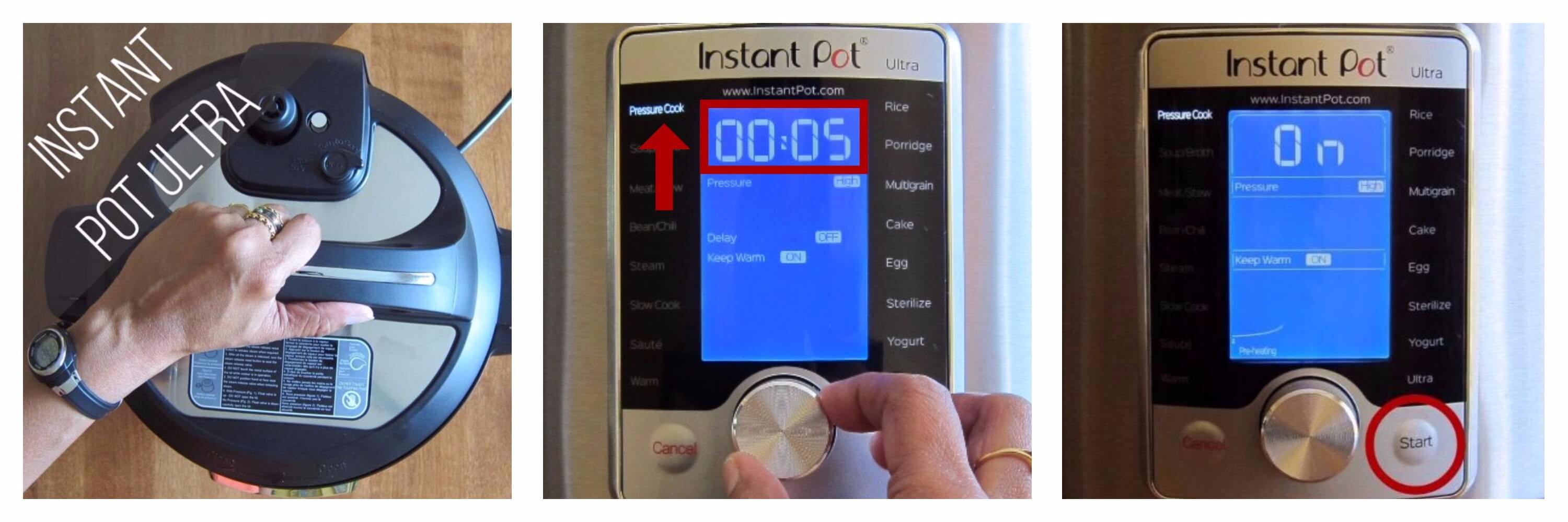 Instant Pot Ultra pressure cook 5 minutes collage - close Instant Pot Ultra, set time to 00:05 and select Pressure Cook, press start - Paint the Kitchen Red