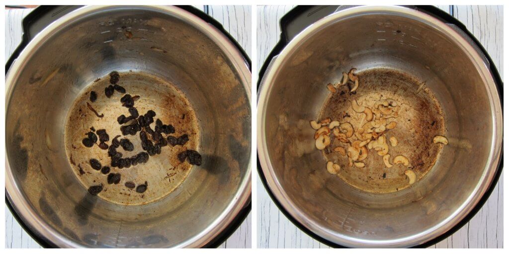 Instant Pot Biryani with Lamb Instructions collage - fry raisins and cashews- Paint the Kitchen Red