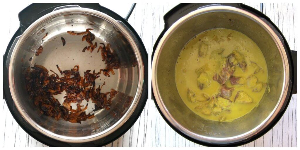 Instant Pot Biryani with Lamb Instructions collage - add fried onions and lamb marinade - Paint the Kitchen Red