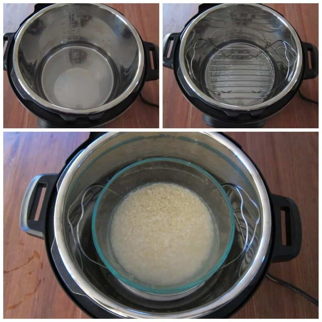 Instant Pot Pot in Pot Rice collage with water, trivet, glass bowl with rice and water - Paint the Kitchen Red