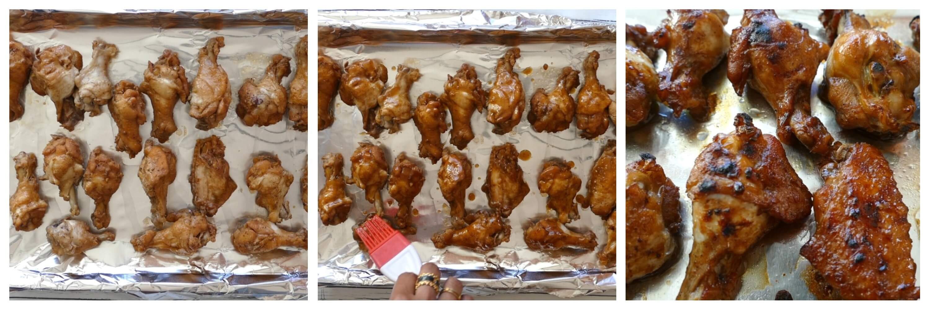 Instant Pot Teriyaki Wings Instructions collage - wings on foil-lined tray, brush with sauce, cooked wings with browned skin