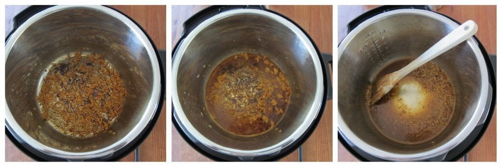 Instant Pot Burn Error collage - burnt rice, water added, deglazed